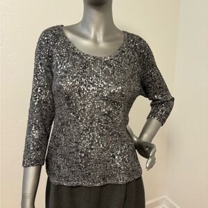 Eileen Fisher Karma‎ Shimmer Metallic Scoop Neck Knit Sweater